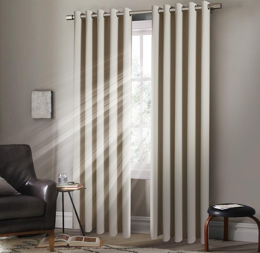 Pair of EYELET Ring Top Thermal BLACKOUT LINED Plain Curtains + Tie Backs Cream