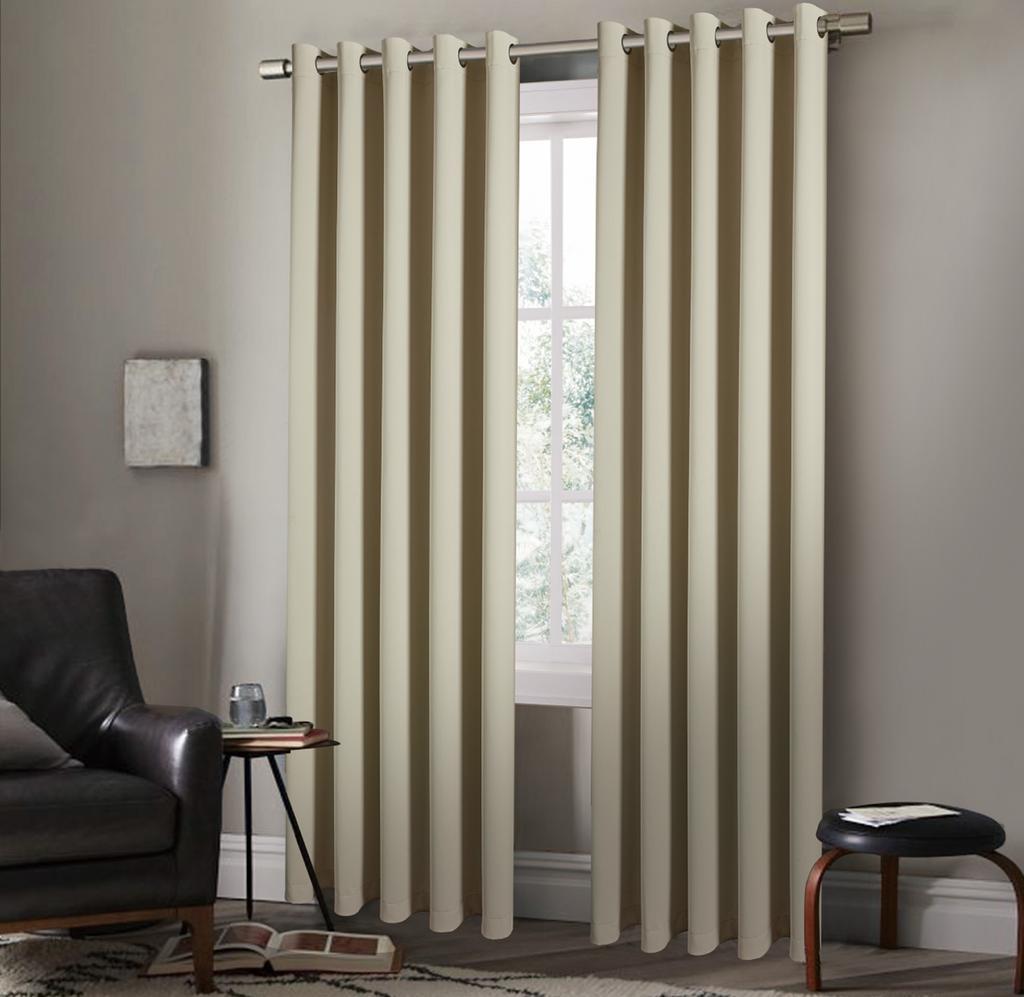 Pair of EYELET Ring Top Thermal BLACKOUT LINED Plain Curtains + Tie Backs Cream