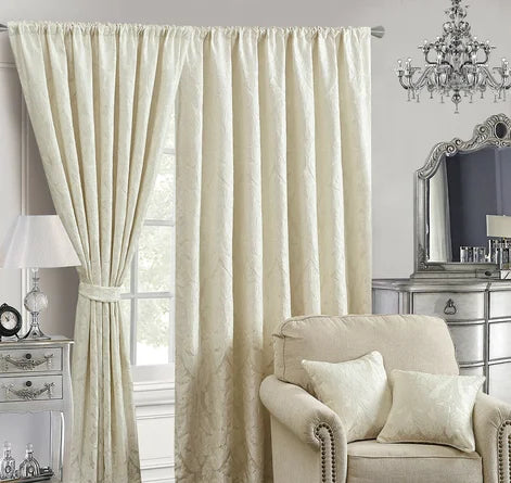 JACQUARD CREAM PENCIL PLEAT CURTAIN (With Tie Backs)