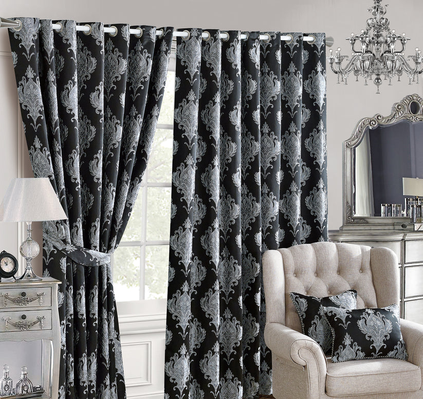 JACQUARD EMMA BLACK RINGTOP CURTAIN (With Tie Backs)