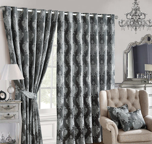 JACQUARD EMMA GREY RINGTOP CURTAIN (With Tie Backs)