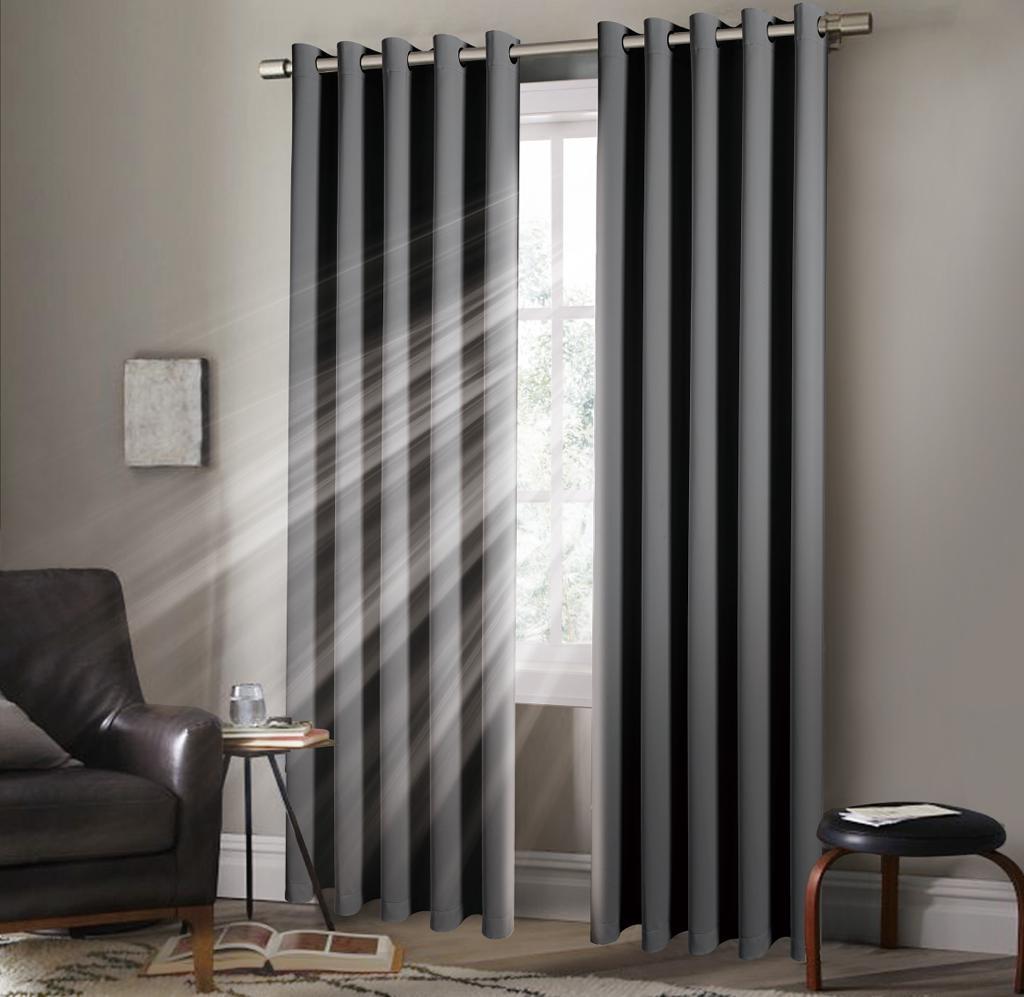 Pair of EYELET Ring Top Thermal BLACKOUT LINED Plain Curtains + Tie Backs Gray