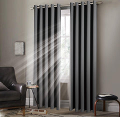 Pair of EYELET Ring Top Thermal BLACKOUT LINED Plain Curtains + Tie Backs Gray