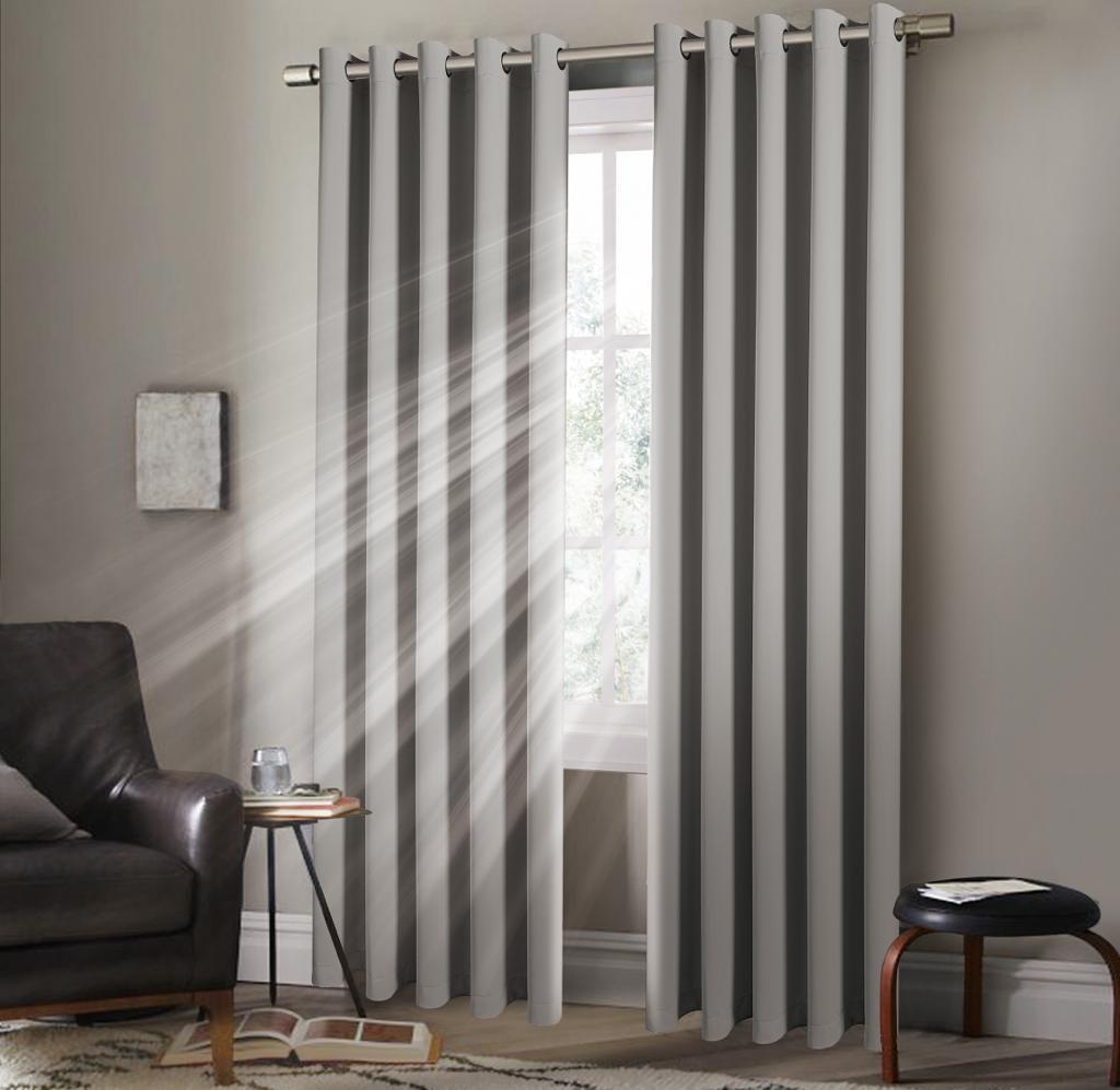 Pair of EYELET Ring Top Thermal BLACKOUT LINED Plain Curtains + Tie Backs Light_Grey
