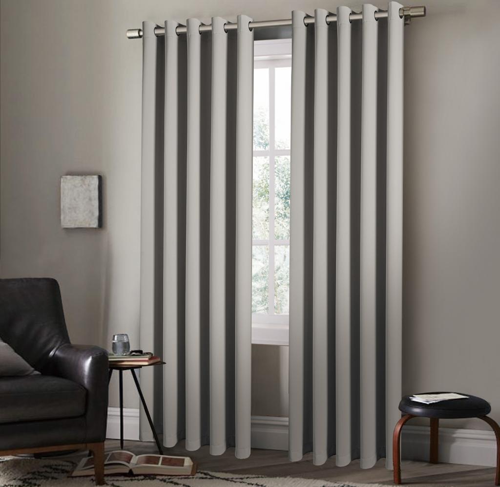 Pair of EYELET Ring Top Thermal BLACKOUT LINED Plain Curtains + Tie Backs Light Gray