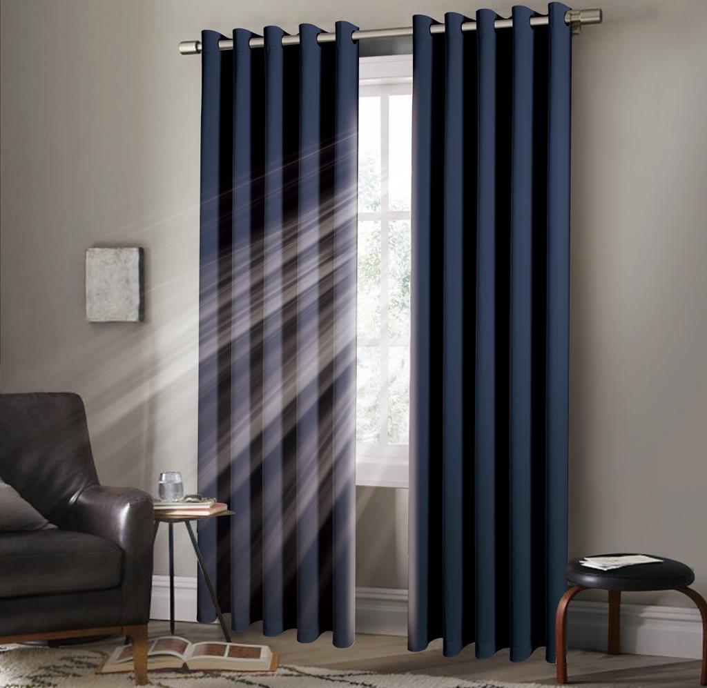 Pair of EYELET Ring Top Thermal BLACKOUT LINED Plain Curtains + Tie Backs Navy