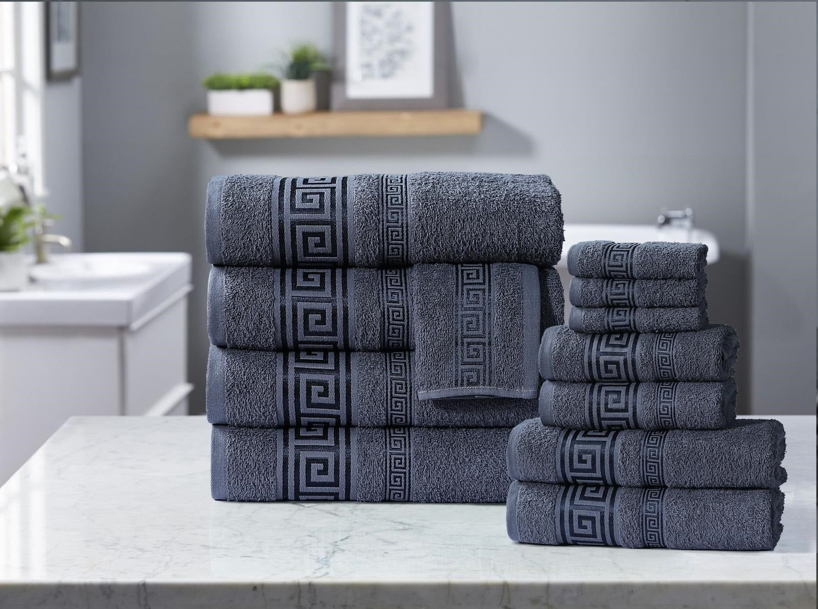 100% Egyptian Cotton, Face Towel, Hand Towel, and Bath Sheet Set with Greek Border Design Charcoal Towels for Everyday Use Unisex Resistant big towel