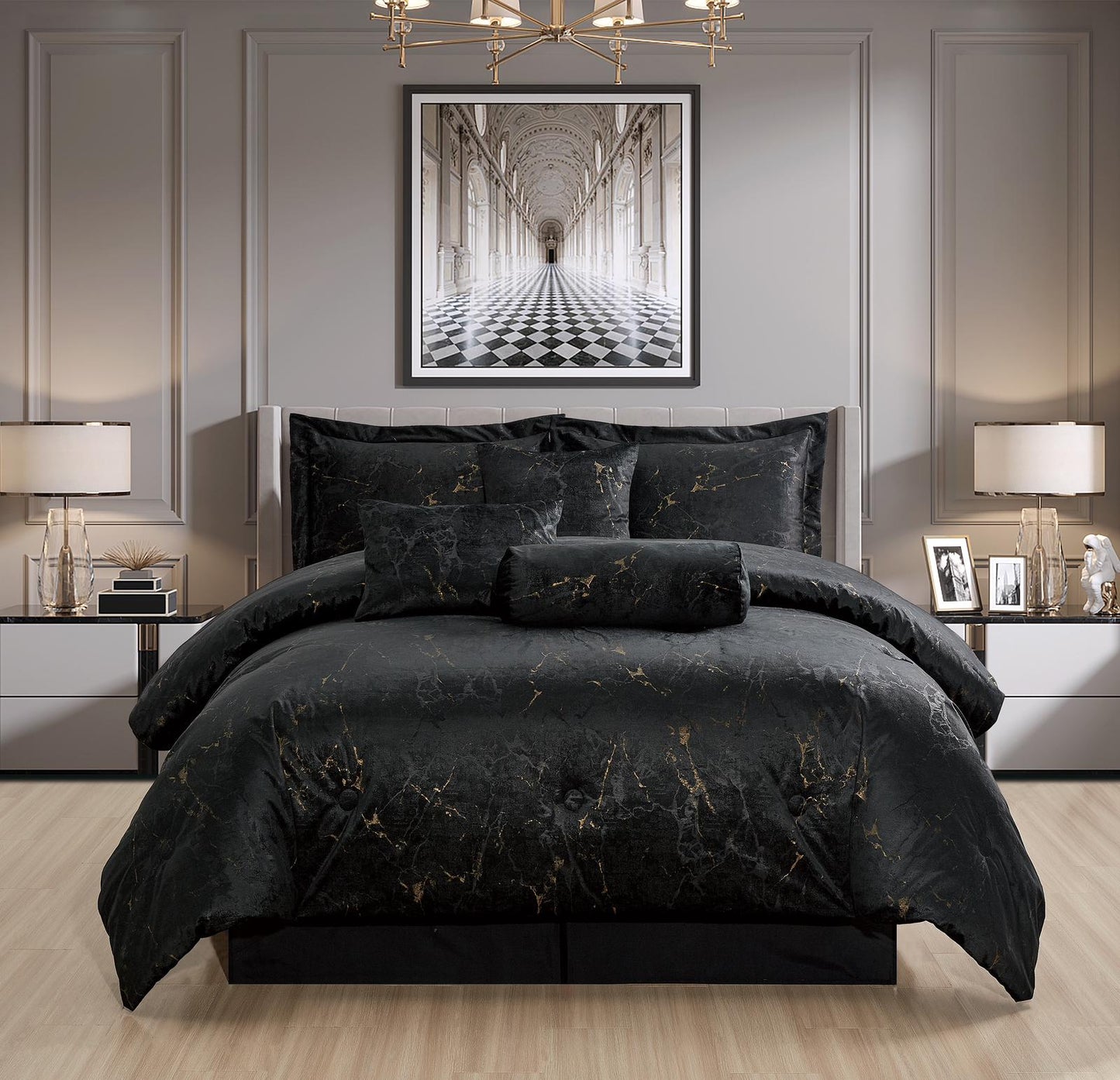 New 3 Pcs Black Marble Bedspread