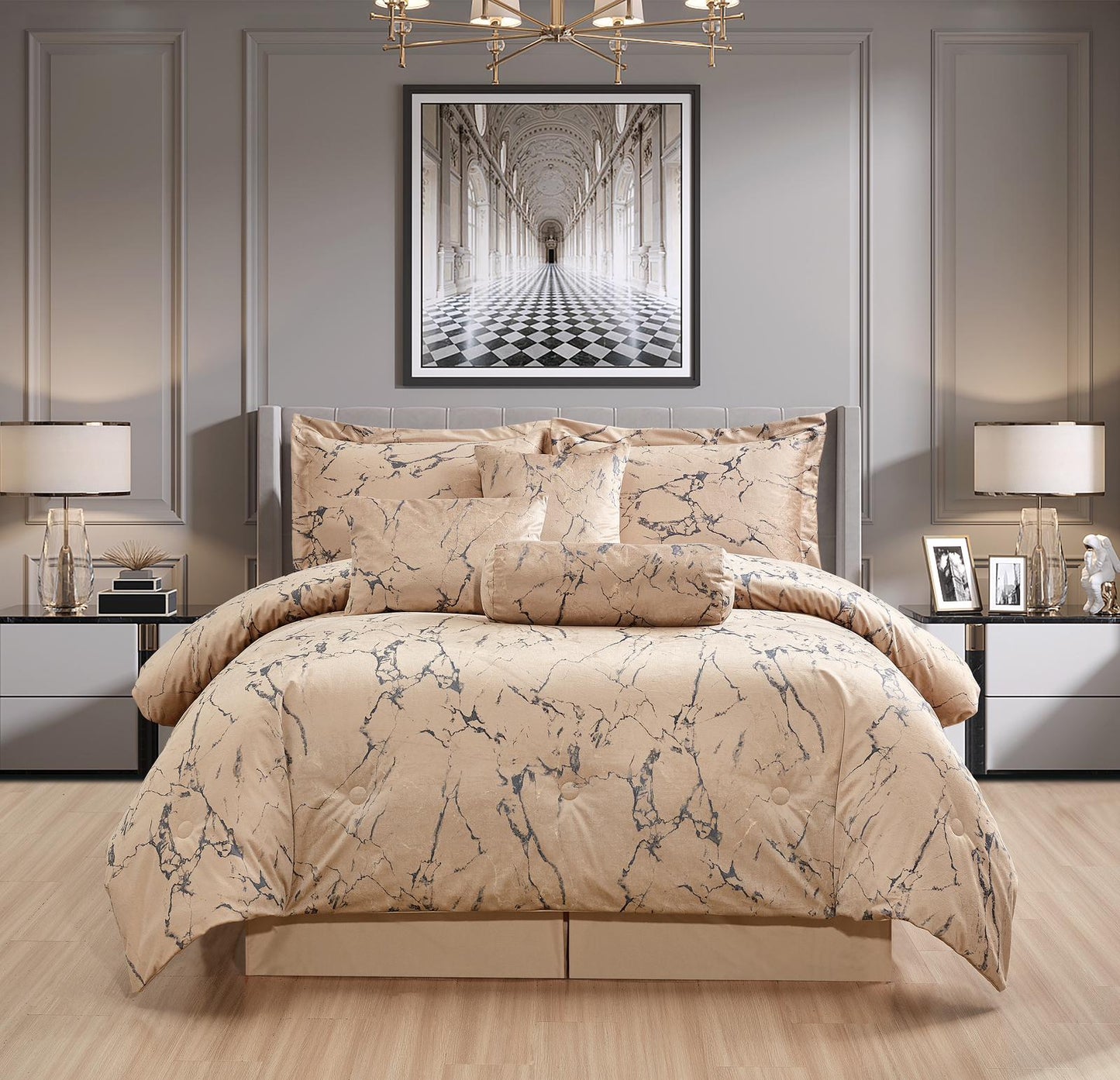 New Beige Marble Velvet 7PCS Quilted Bedspread Comforter Bed Throw with Matching Pillow shams