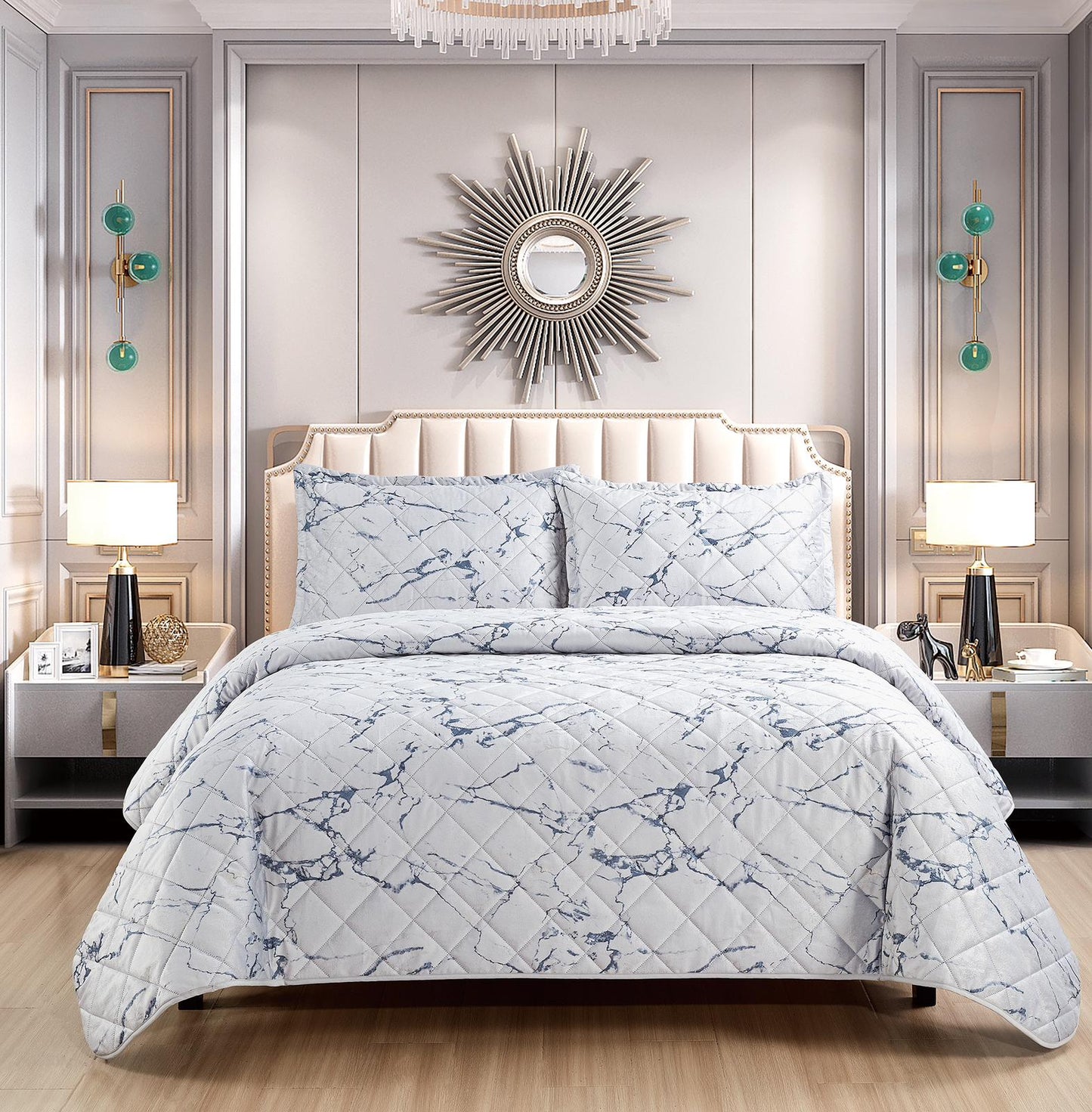 New 3 Pcs Silver Marble Bedspread