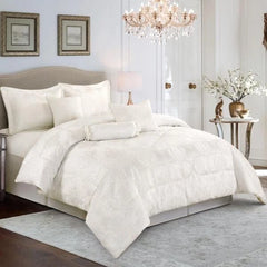 7pc Quilted Jacquard Bedspread Quilted Comforter Bedding Set, Pillows & Cushions (Emma Cream)