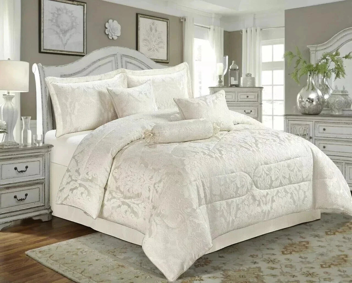 7pc Quilted Jacquard Bedspread Quilted Comforter Bedding Set, Pillows & Cushions (Lucy Cream)