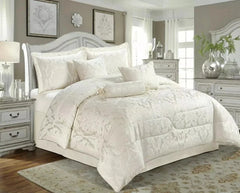 7pc Quilted Jacquard Bedspread Quilted Comforter Bedding Set, Pillows & Cushions (Lucy Cream)