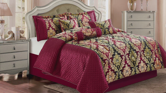 FULL SET CEILA BURGUNDY Quilted Jacquard Bedspread Comforter Bed Throw with Matching Pillow shams & Matching Curtins