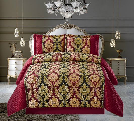 3PCS-CEILA BURGUNDY 3 PCs Quilted Jacquard Bedspread Comforter Bed Throw with Matching Pillows