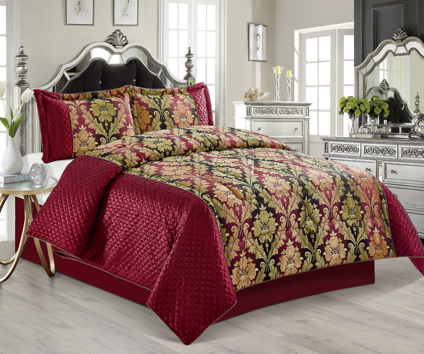 3PCS-CEILA BURGUNDY 3 PCs Quilted Jacquard Bedspread Comforter Bed Throw with Matching Pillows