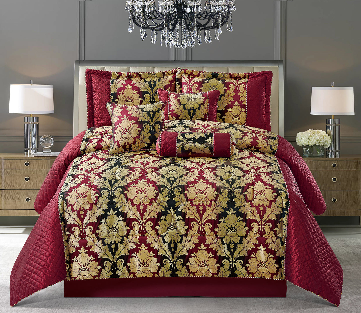 7PCS-  CEILA BURGUNDY Quilted Jacquard Bedspread Comforter Bed Throw with Matching Pillow shams