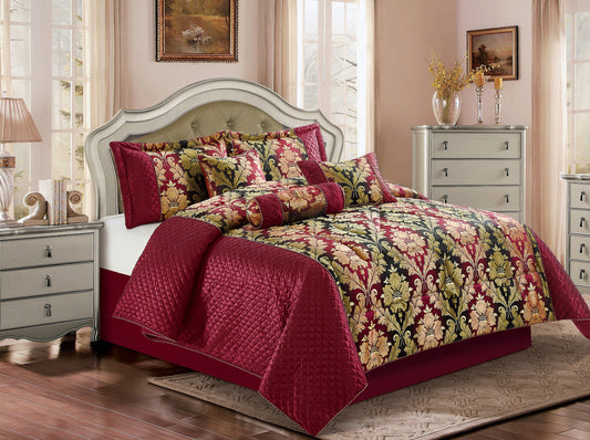 7PCS-  CEILA BURGUNDY Quilted Jacquard Bedspread Comforter Bed Throw with Matching Pillow shams