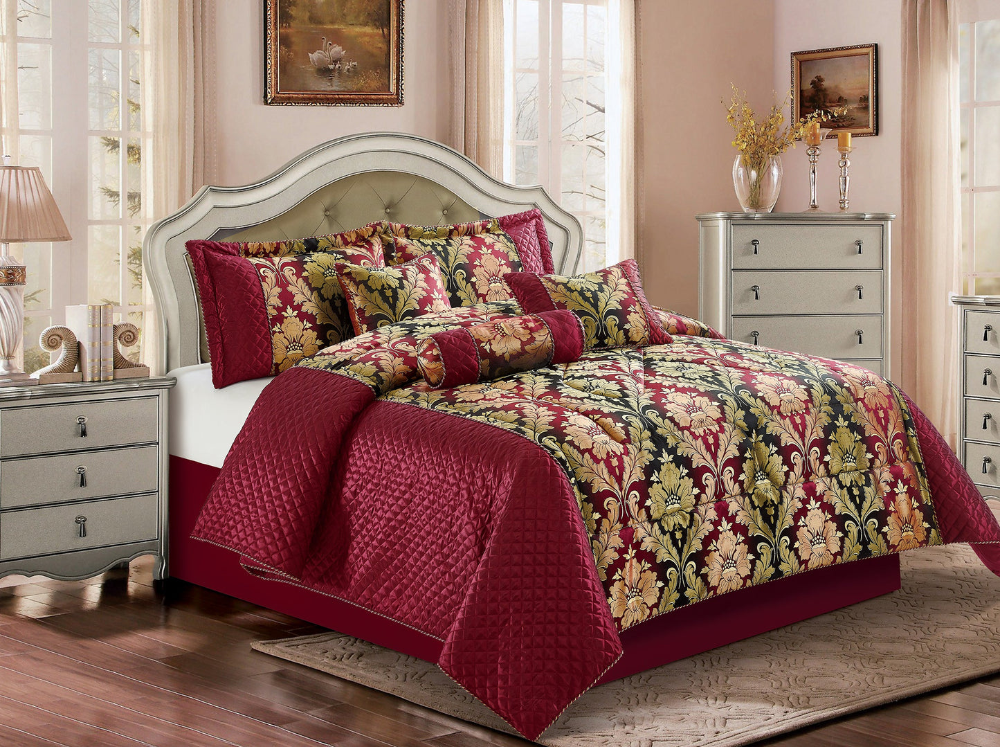 FULL SET CEILA BURGUNDY Quilted Jacquard Bedspread Comforter Bed Throw with Matching Pillow shams & Matching Curtins