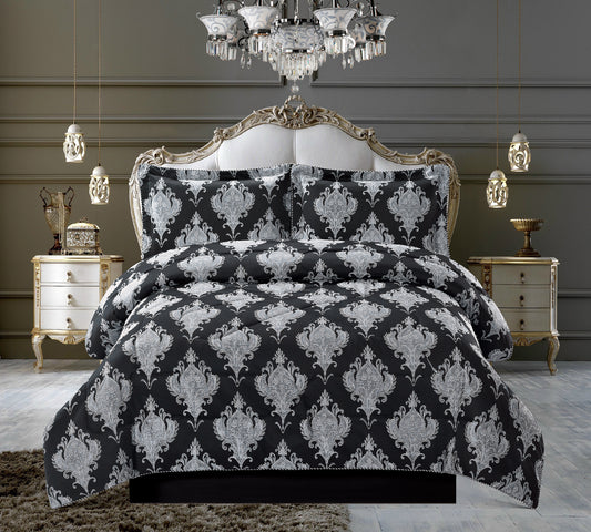 3PCS- EMMA BLACK Quilted Jacquard Bedspread Comforter Bed Throw with Matching Pillows