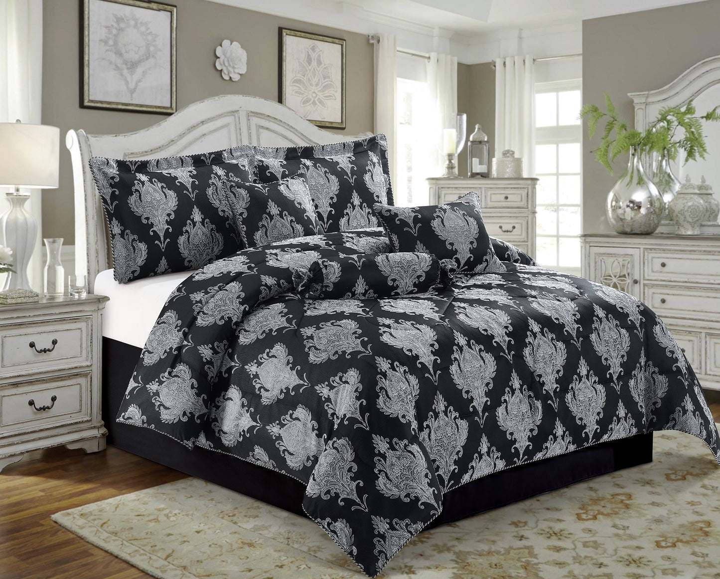 7PCS- EMMA BLACK Quilted Jacquard Bedspread Comforter Bed Throw with Matching Pillow shams