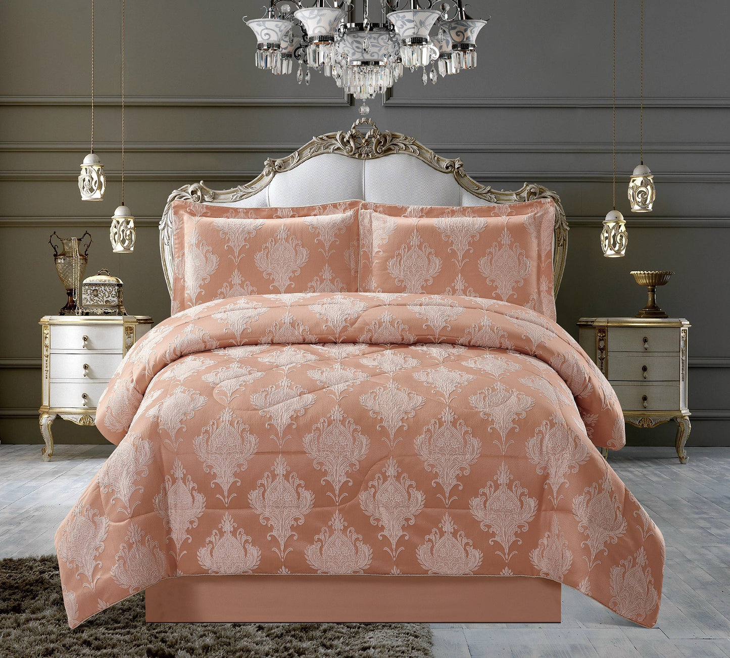 3PCS- EMMA/ROSE GOLD Quilted Jacquard Bedspread Comforter Bed Throw with Matching Pillows