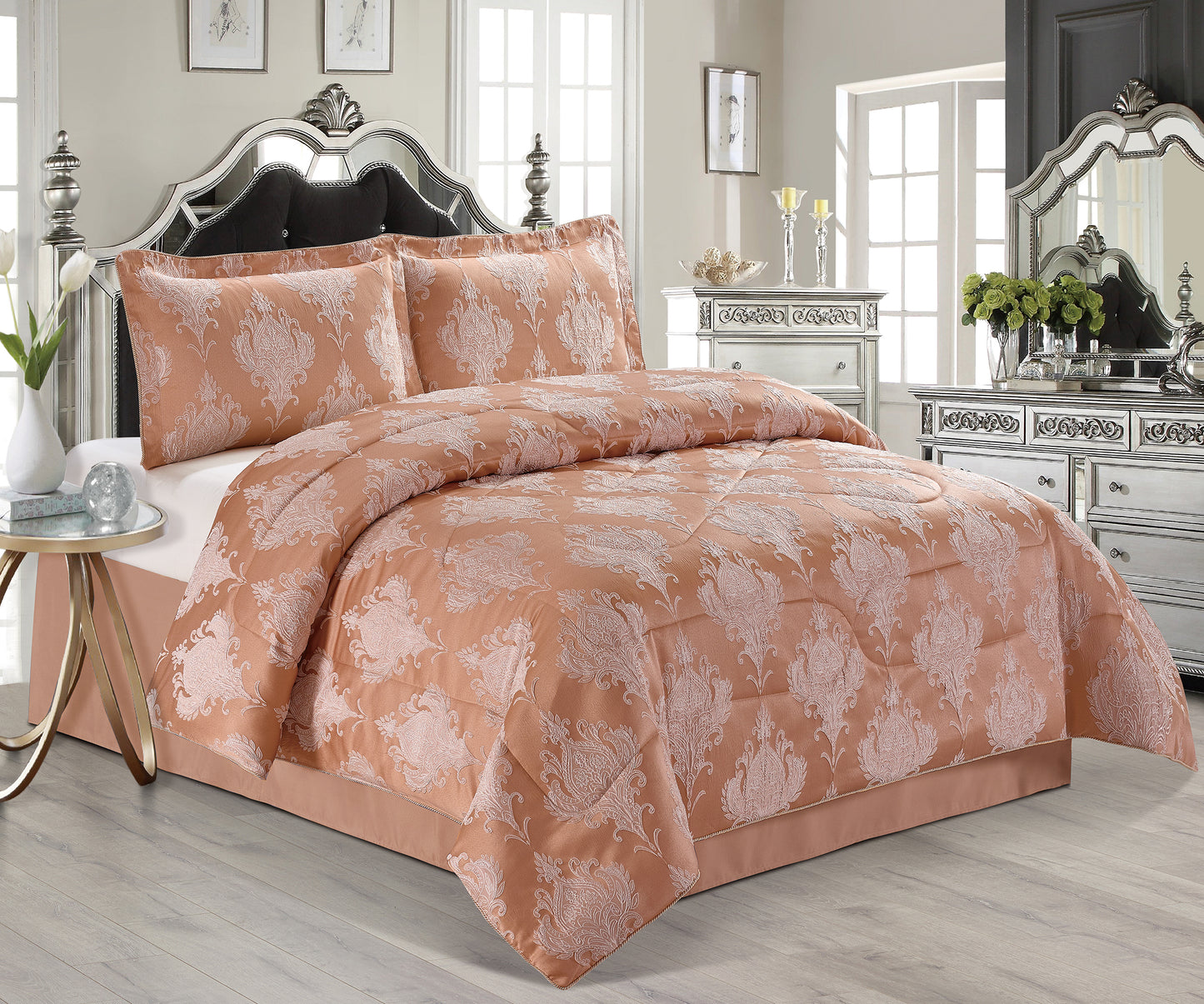 3PCS- EMMA/ROSE GOLD Quilted Jacquard Bedspread Comforter Bed Throw with Matching Pillows