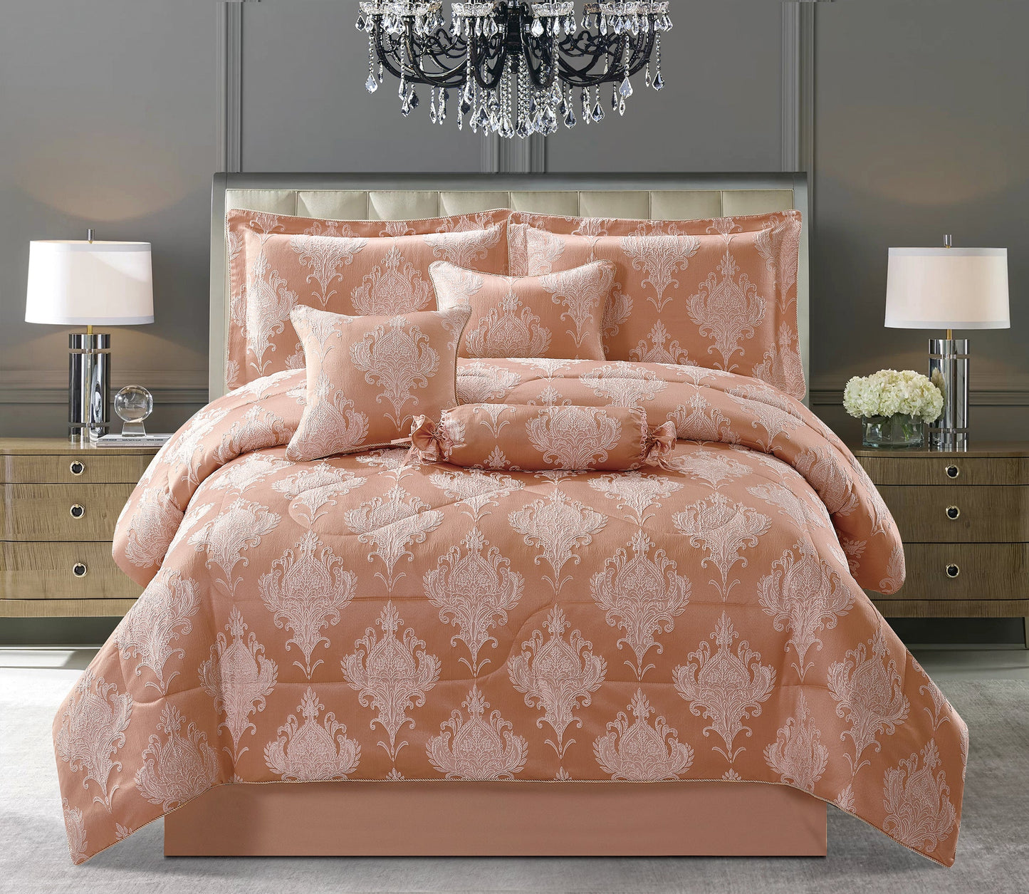 7PCS- EMMA/ROSE GOLD Quilted Jacquard Bedspread Comforter Bed Throw with Matching Pillow shams