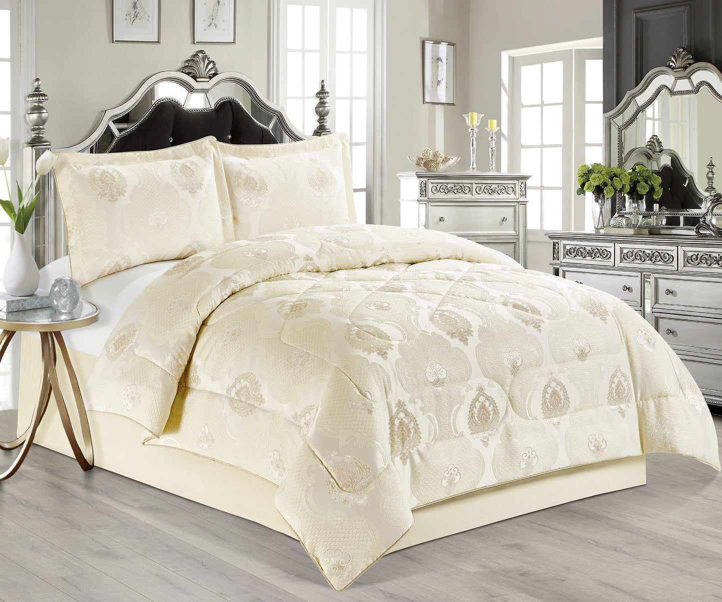 3PCS- IRENE BEIGE Quilted Jacquard Bedspread Comforter Bed Throw with Matching Pillows