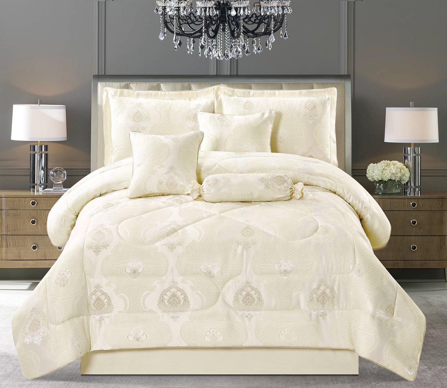 7PCS- IRENE BEIGE Quilted Jacquard Bedspread Comforter Bed Throw with Matching Pillow shams