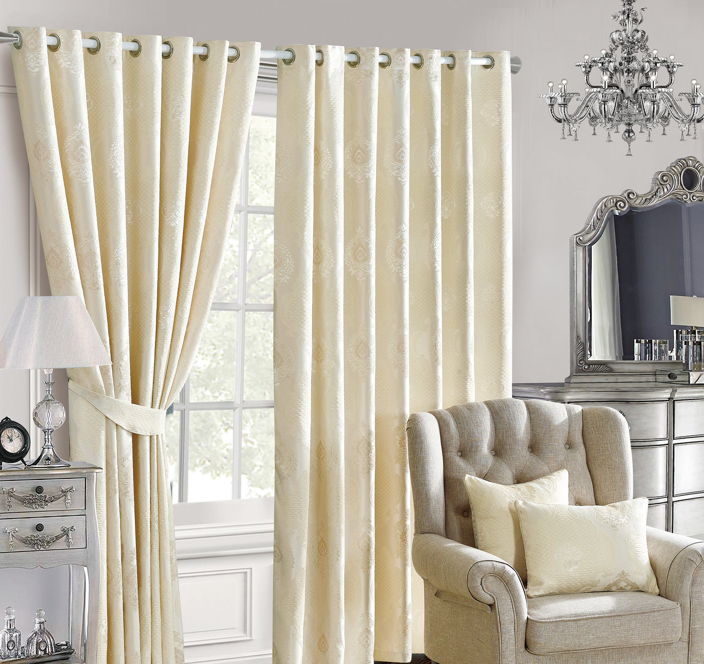 JACQUARD IRENE BEIGE RINGTOP CURTAIN (With Tie Backs)