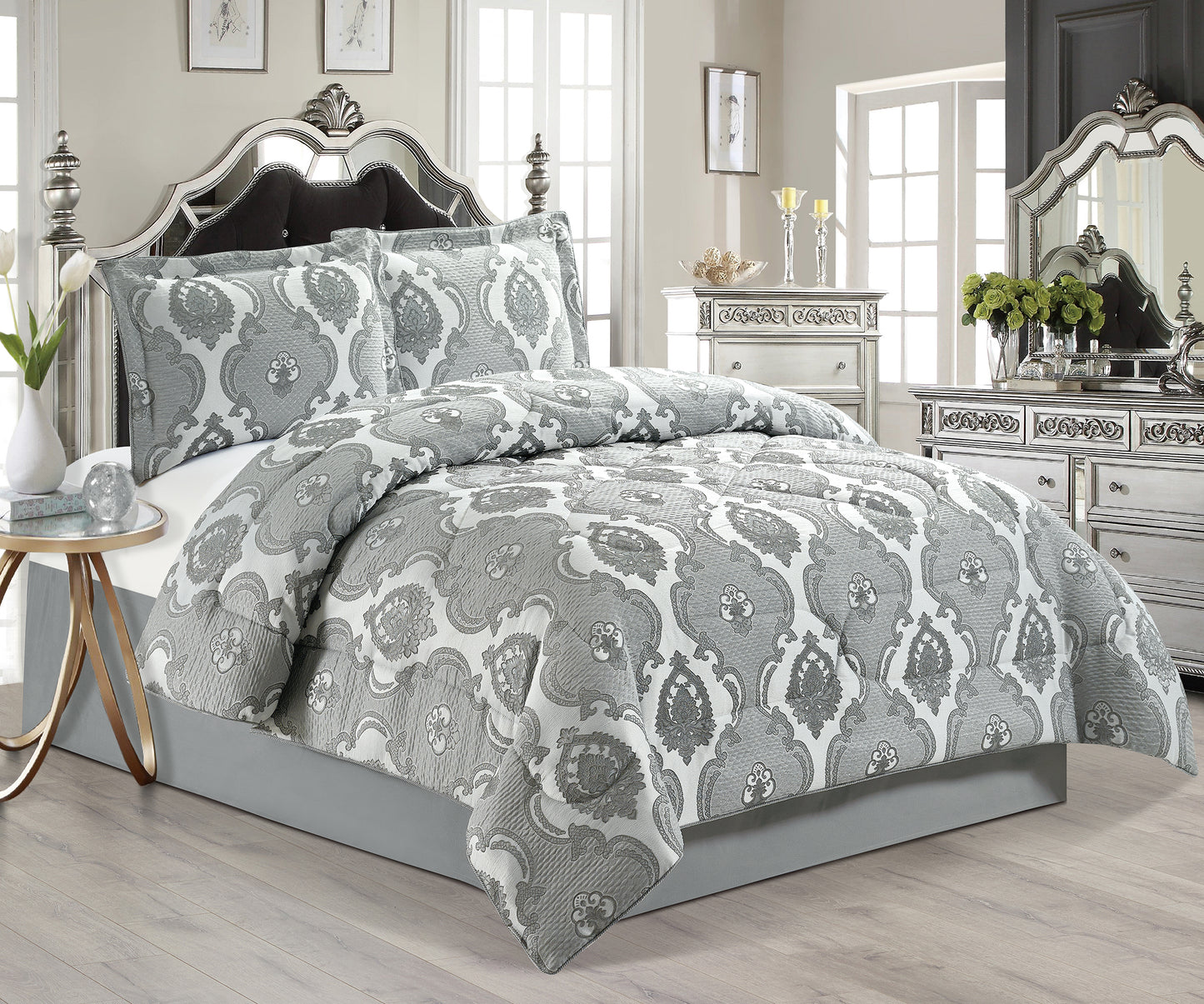 3PCS-IRENE GREY Quilted Jacquard Bedspread Comforter Bed Throw with Matching Pillows