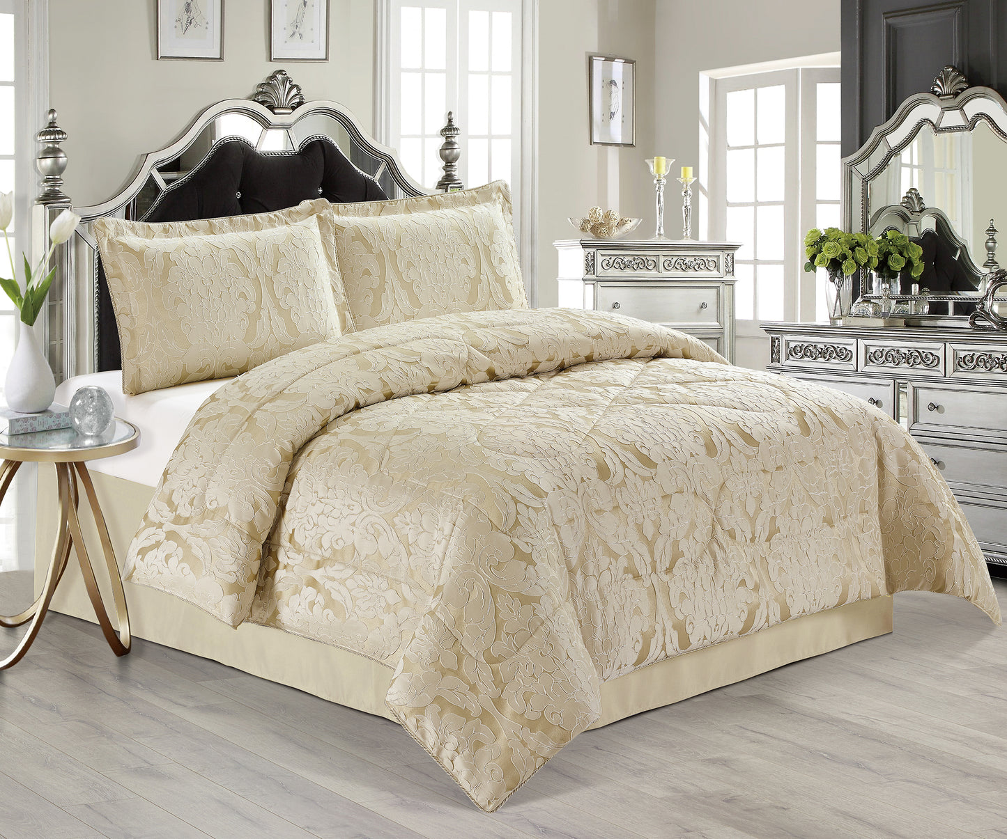 3PCS- LUCY BEIGE Quilted Jacquard Bedspread Comforter Bed Throw with Matching Pillows