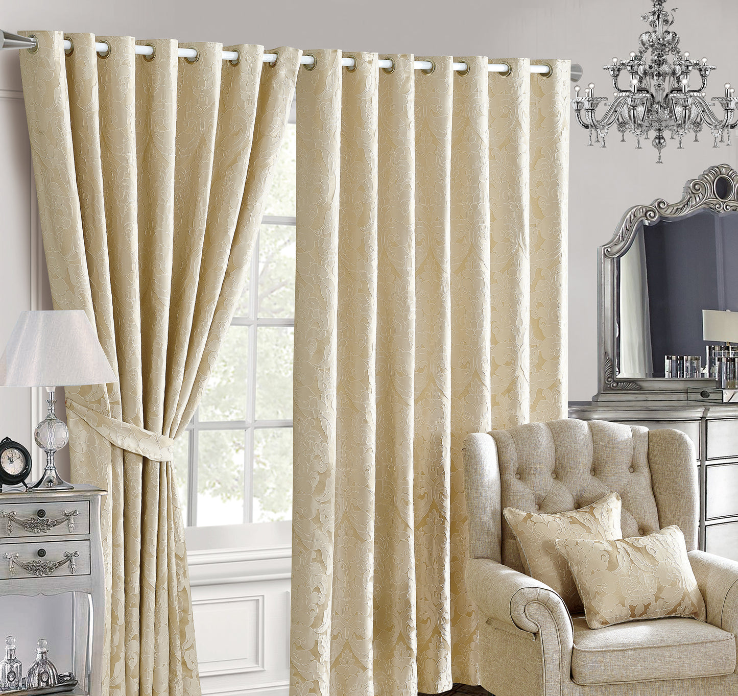 JACQUARD LUCY BEIGE RINGTOP CURTAIN (With Tie Backs)