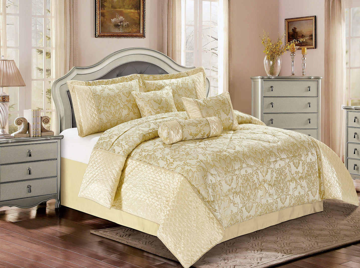 7PCS- MOIRA CREAM Quilted Jacquard Bedspread Comforter Bed Throw with Matching Pillow shams