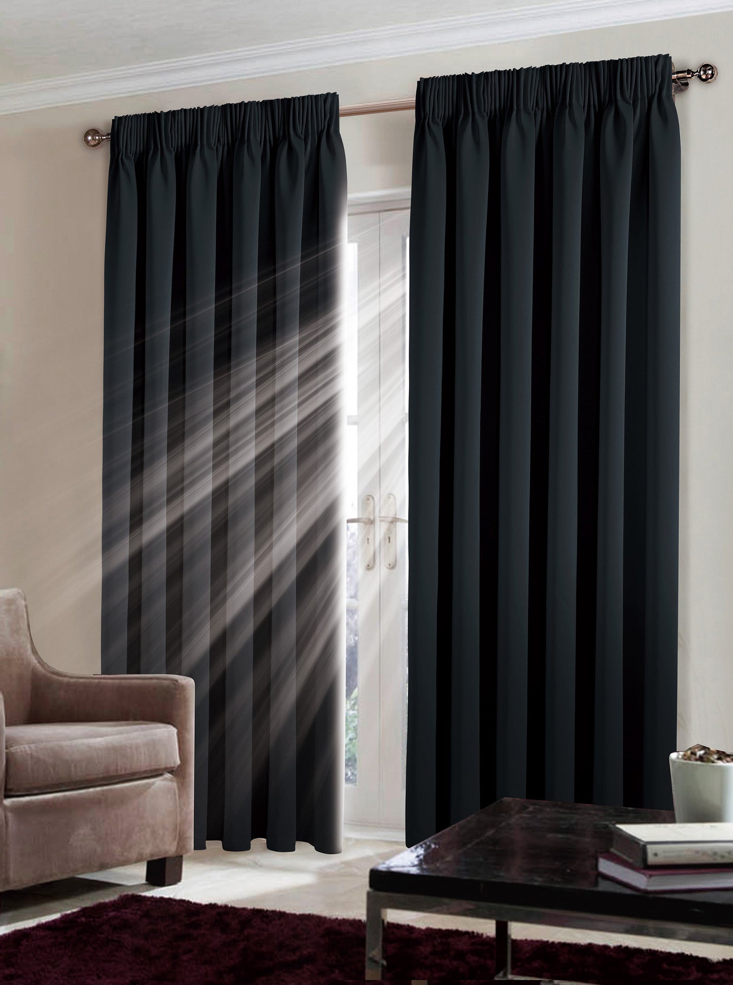 Blackout Pencil pleat BLACK COLOUR Curtains